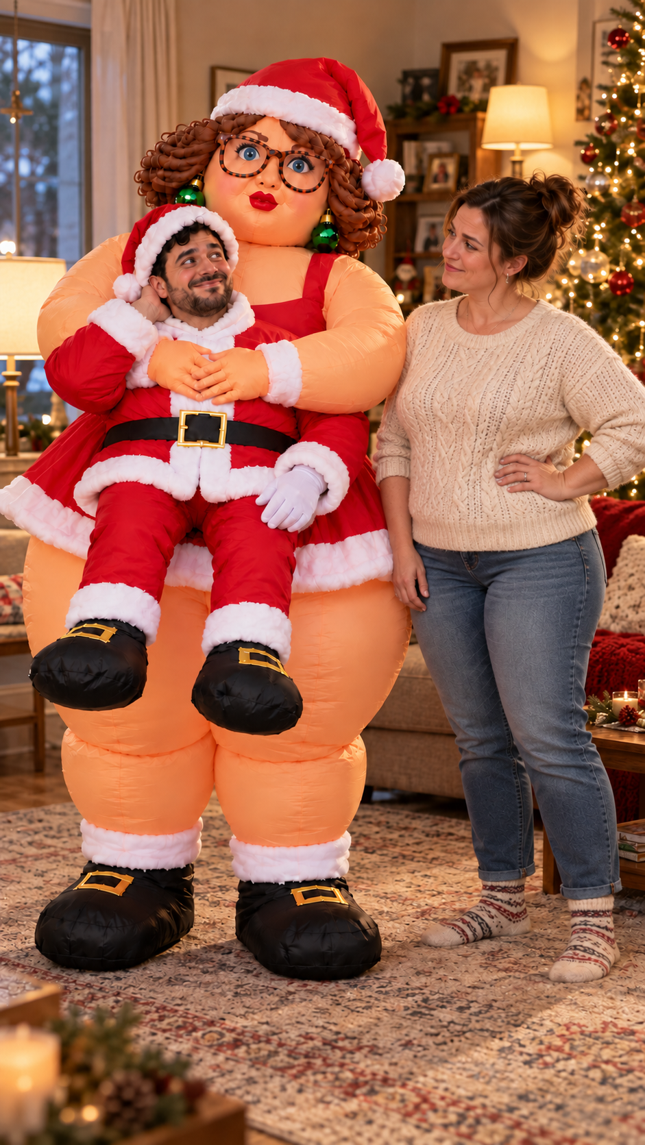 Santa Wife costume beside a woman in a cozy Christmas-decorated living room