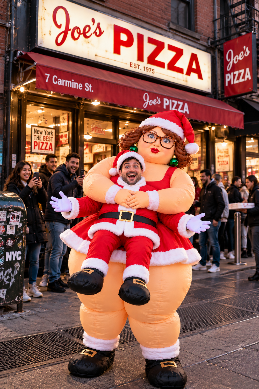 Santa Wife costume outside Joe's Pizza