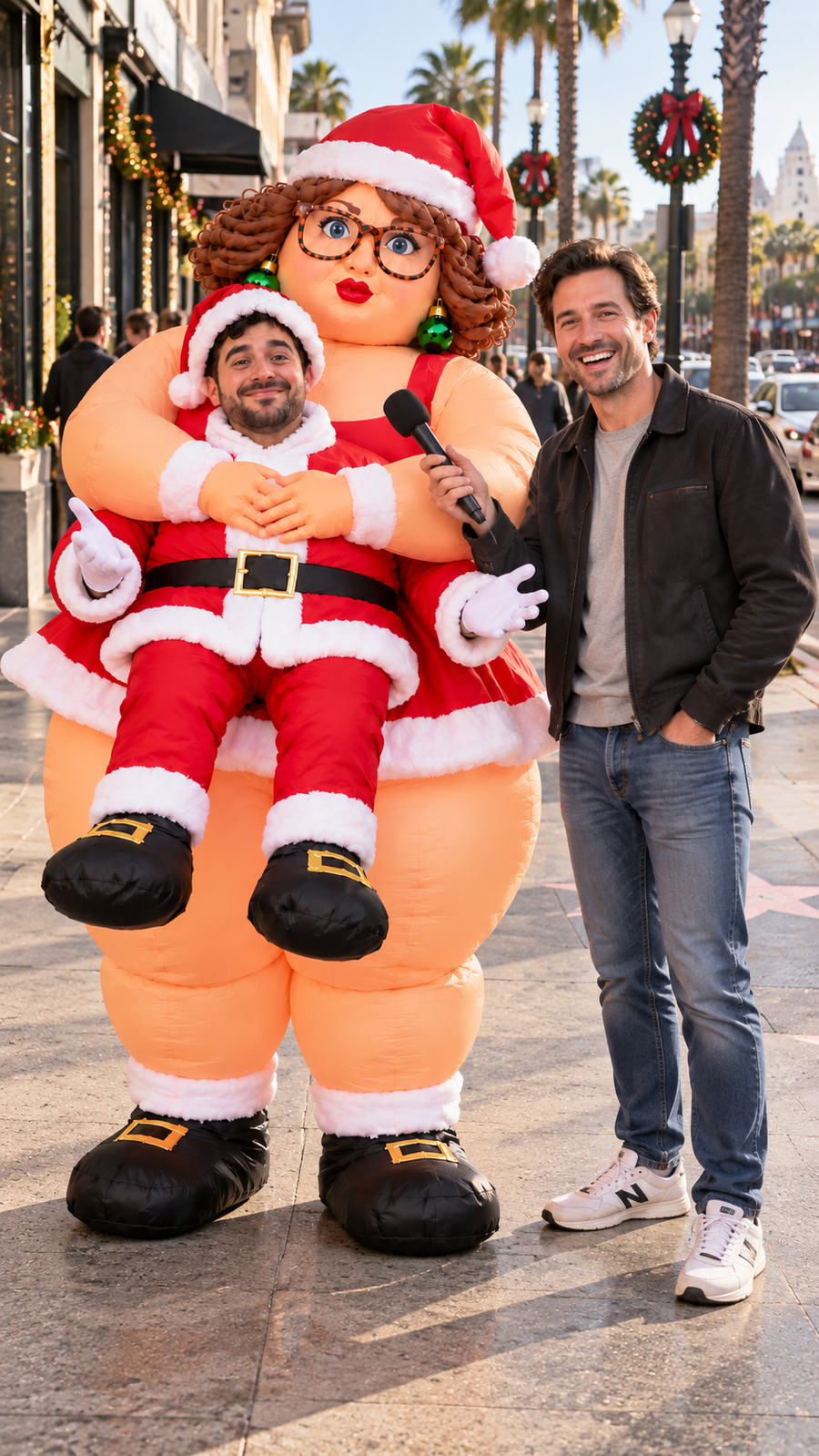 Santa Wife costume with a man holding a microphone on a Christmas-decorated street