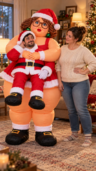 Santa Wife costume beside a woman in a cozy Christmas-decorated living room