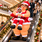 Smiling man in Santa Wife costume on a Christmas-decorated escalator